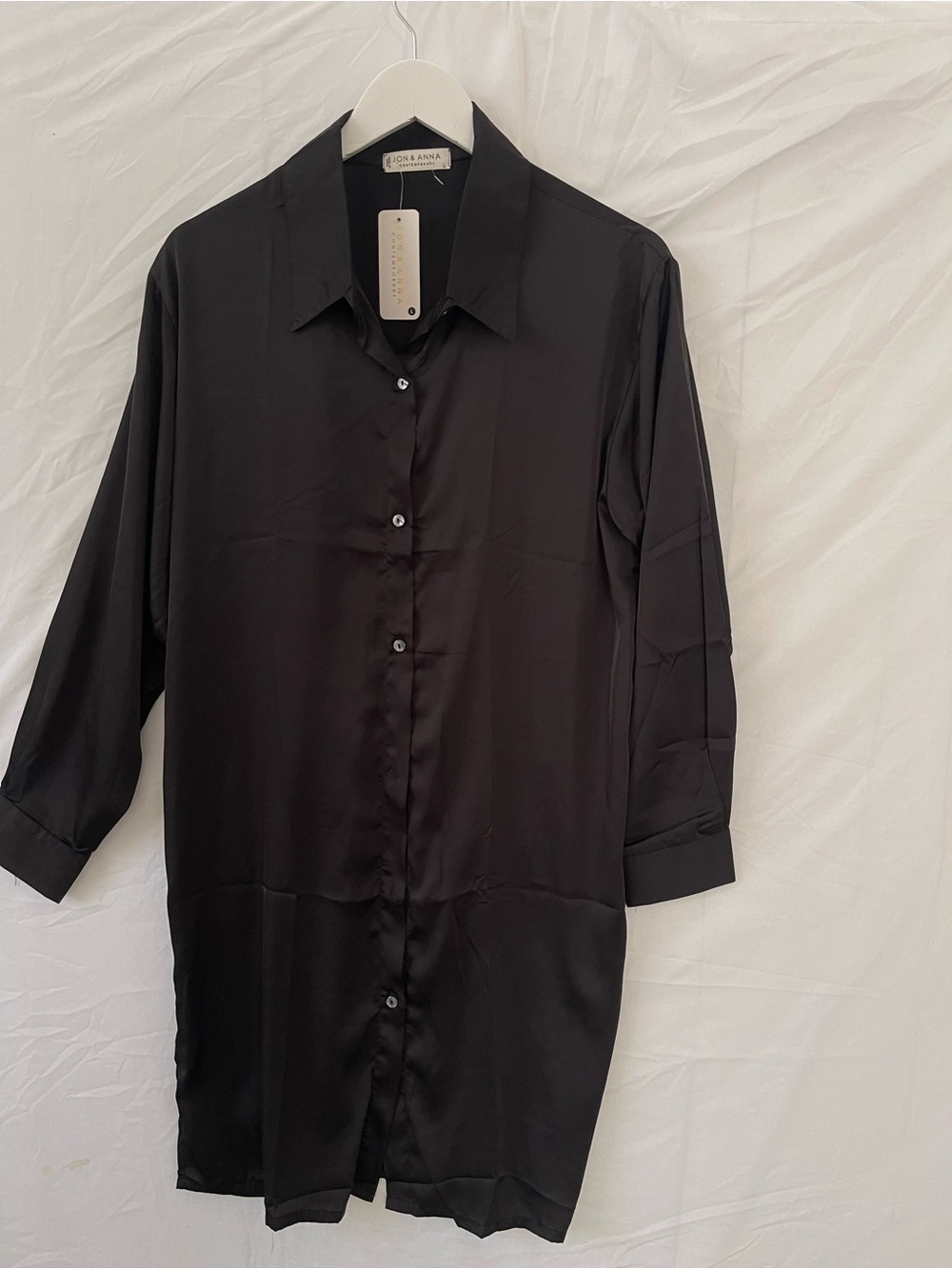 Black Satin Button-Up Shirt- Size- Large- Length 38”